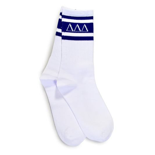 Delta Delta Delta Socks- Striped Varsity Crew Socks with Greek Letters