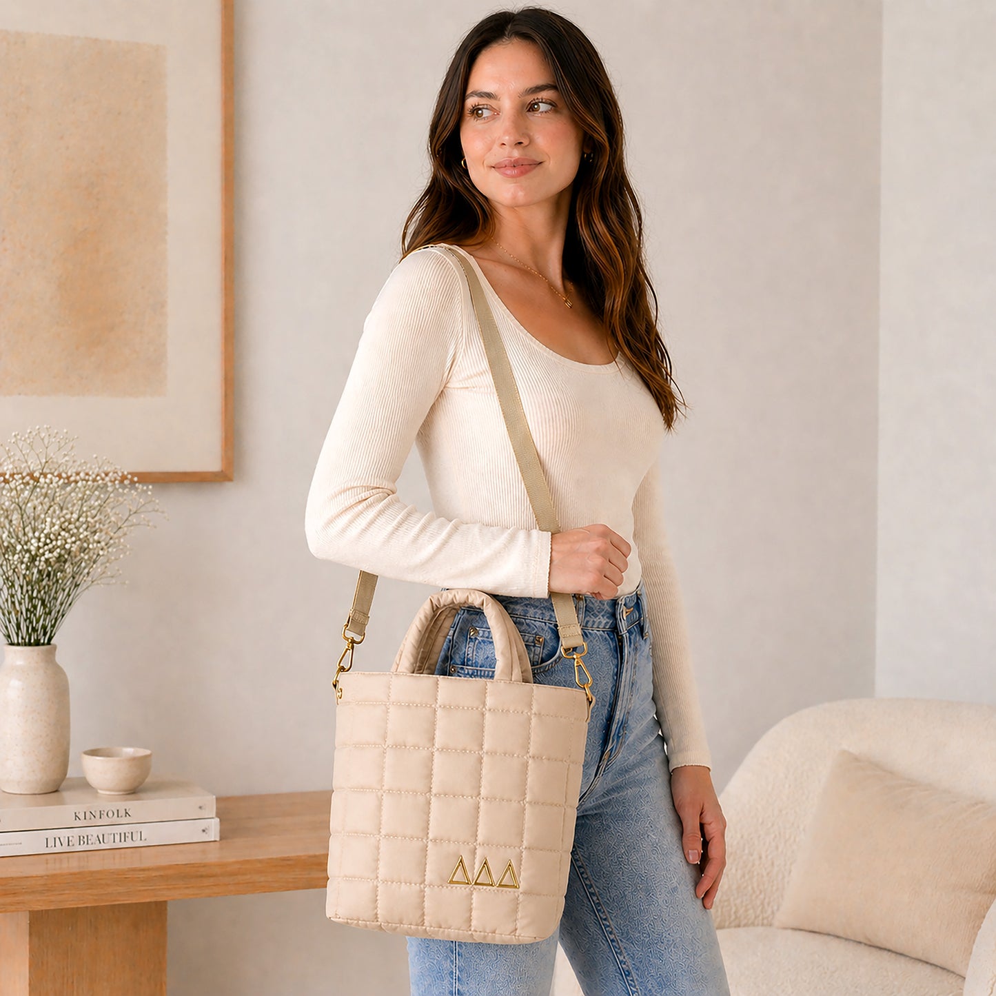 Delta Delta Delta Small Crossbody Quilted Tote Bag with Greek Letters