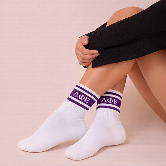 Delta Phi Epsilon Socks- Striped Varsity Crew Socks with Greek Letters