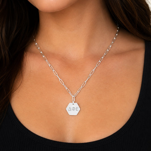 Delta Phi Epsilon Necklace- Silver Paperclip Style with DPE Pendant