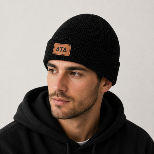 Delta Tau Delta Fraternity Beanie Hat - Black Winter Hat w/ Greek Letters Patch