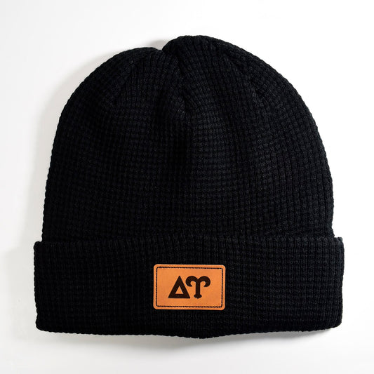 Delta Upsilon Fraternity Beanie Hat - Black Winter Hat w/ Greek Letters Patch