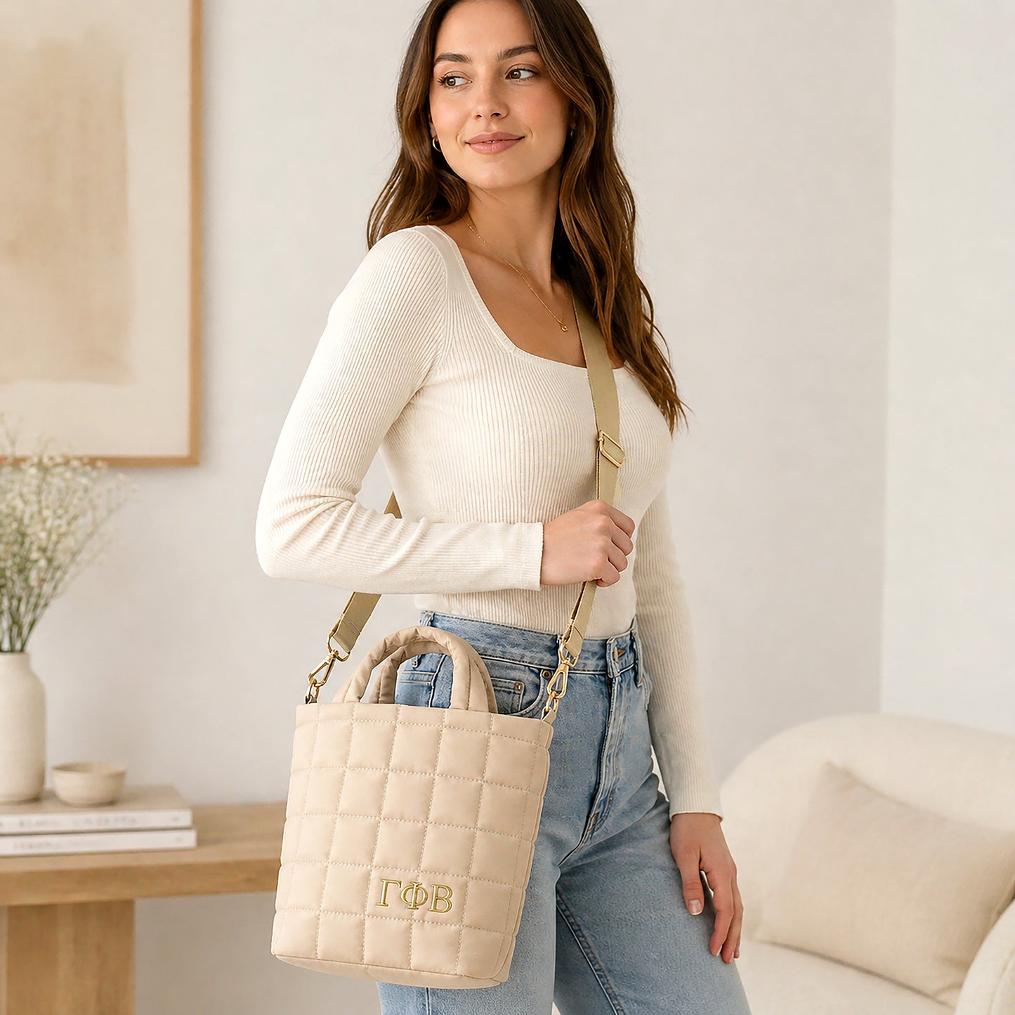 Gamma Phi Beta Quilted Tote Bag- Small Crossbody Bag with Greek Letters