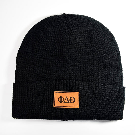 Phi Delta Theta Fraternity Beanie Hat - Black Winter Hat w/ Greek Letters Patch