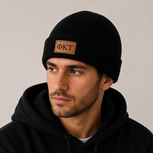 Phi Kappa Tau Fraternity Beanie Hat - Black Winter Hat w/ Greek Letters Patch