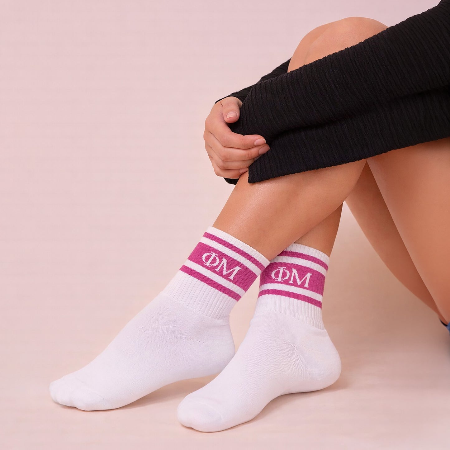 Phi Mu Socks- Striped Varsity Crew Socks with Greek Letters