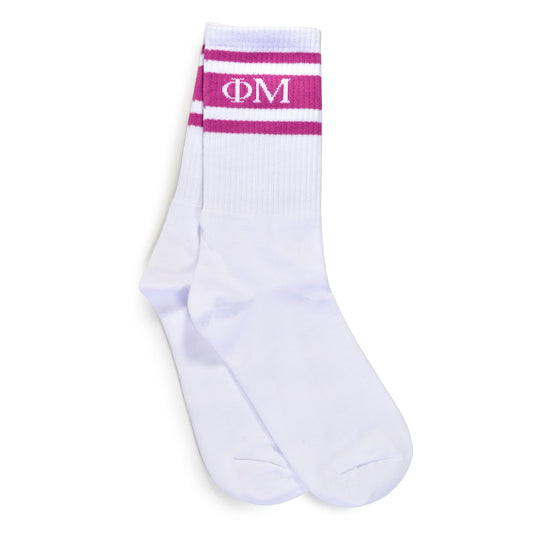 Phi Mu Socks- Striped Varsity Crew Socks with Greek Letters