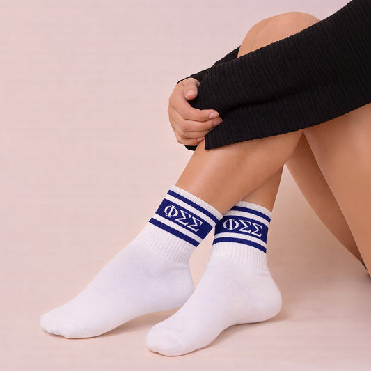 Phi Sigma Sigma Socks- Striped Varsity Crew Socks with Greek Letters
