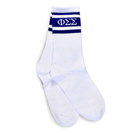 Phi Sigma Sigma Socks- Striped Varsity Crew Socks with Greek Letters