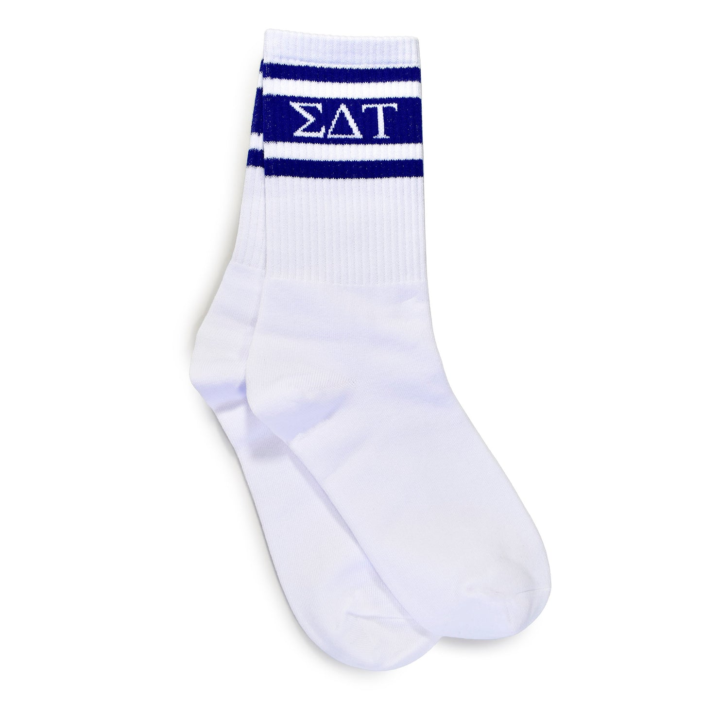 Sigma Delta Tau Socks- Striped Varsity Crew Socks with Greek Letters