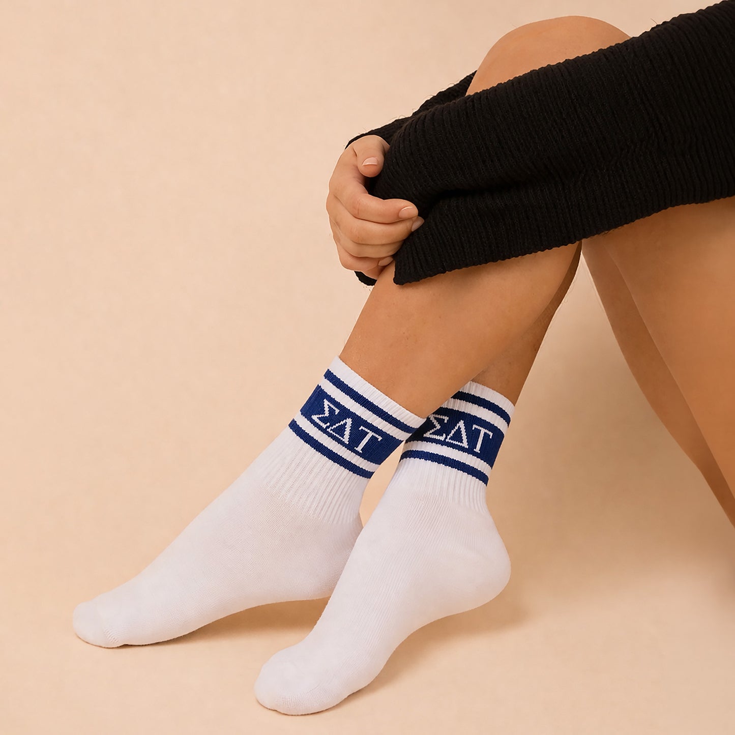 Sigma Delta Tau Socks- Striped Varsity Crew Socks with Greek Letters
