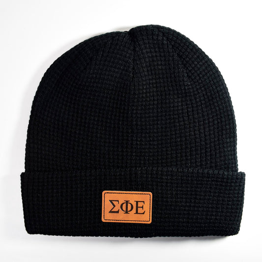 Sigma Phi Epsilon Fraternity Beanie Hat - Black Winter Hat w/ Greek Letters Patch