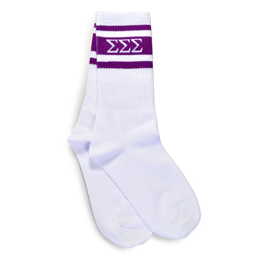 Sigma Sigma Sigma Socks- Striped Varsity Crew Socks with Greek Letters