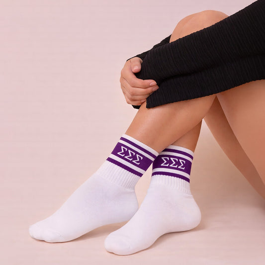Sigma Sigma Sigma Socks- Striped Varsity Crew Socks with Greek Letters