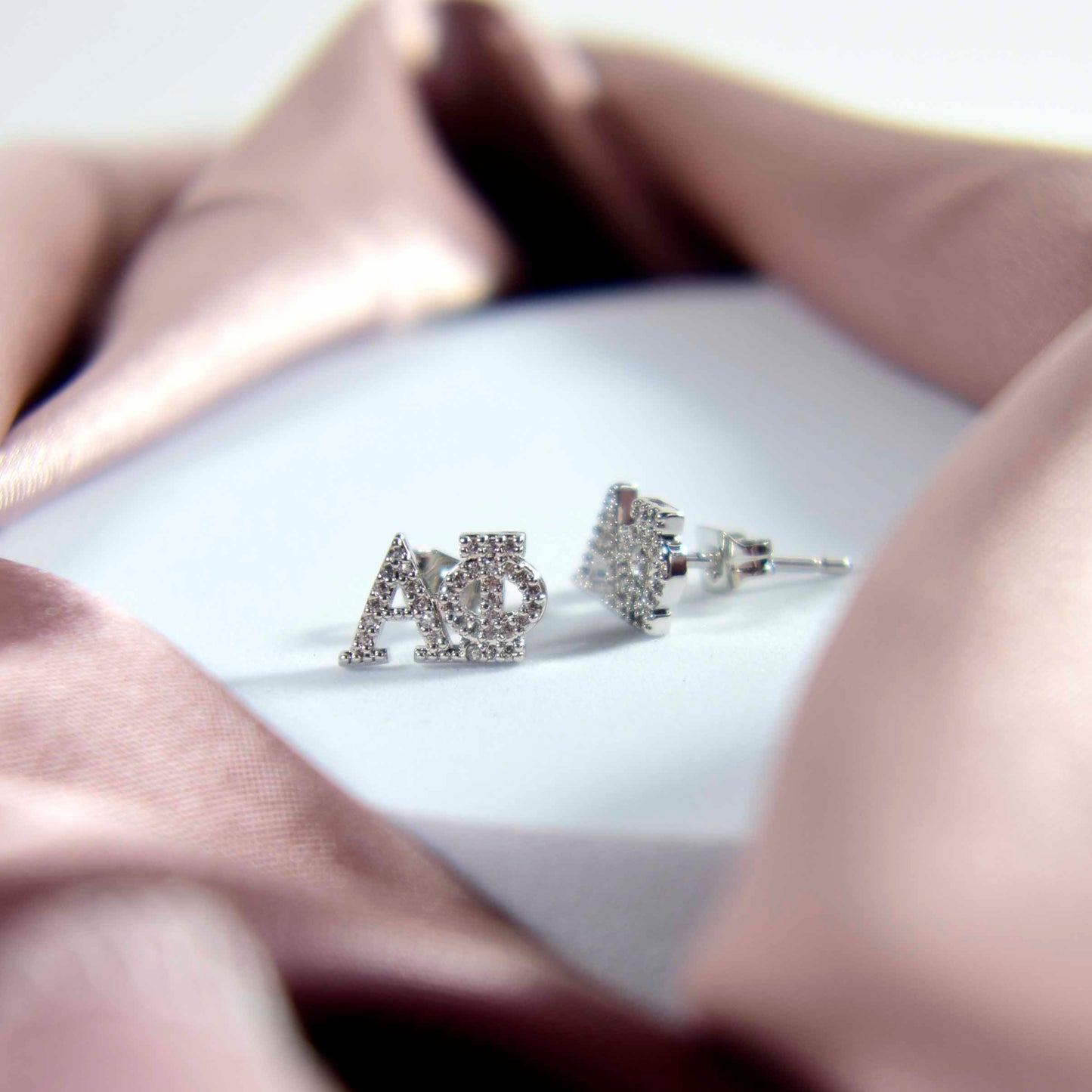 Delta Phi Epsilon White Gold Plated Stud Earrings