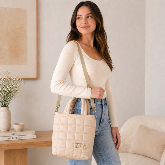 Zeta Tau Alpha Quilted Tote Bag- Small Crossbody Bag with Greek Letters