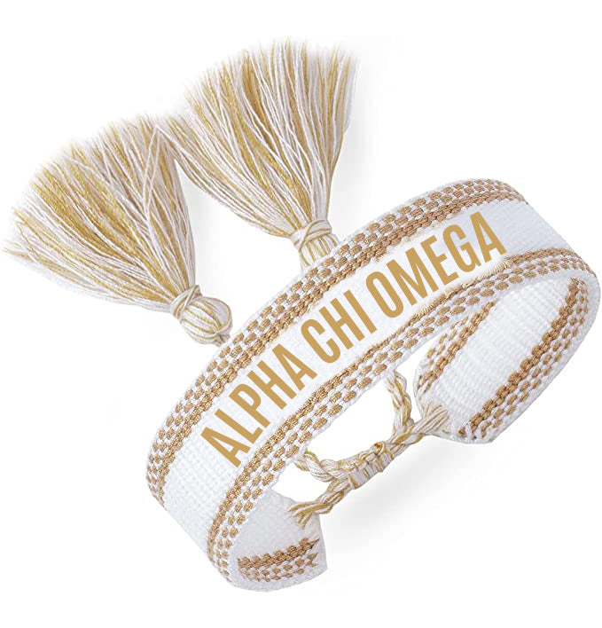 Alpha Chi Omega Woven Bracelet, White and Gold Design