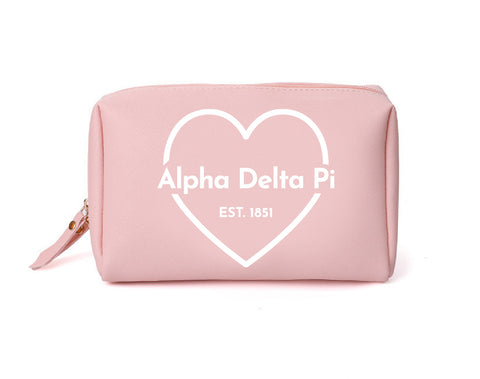 Alpha Delta Pi Pink Makeup Bag with White Heart and Logo