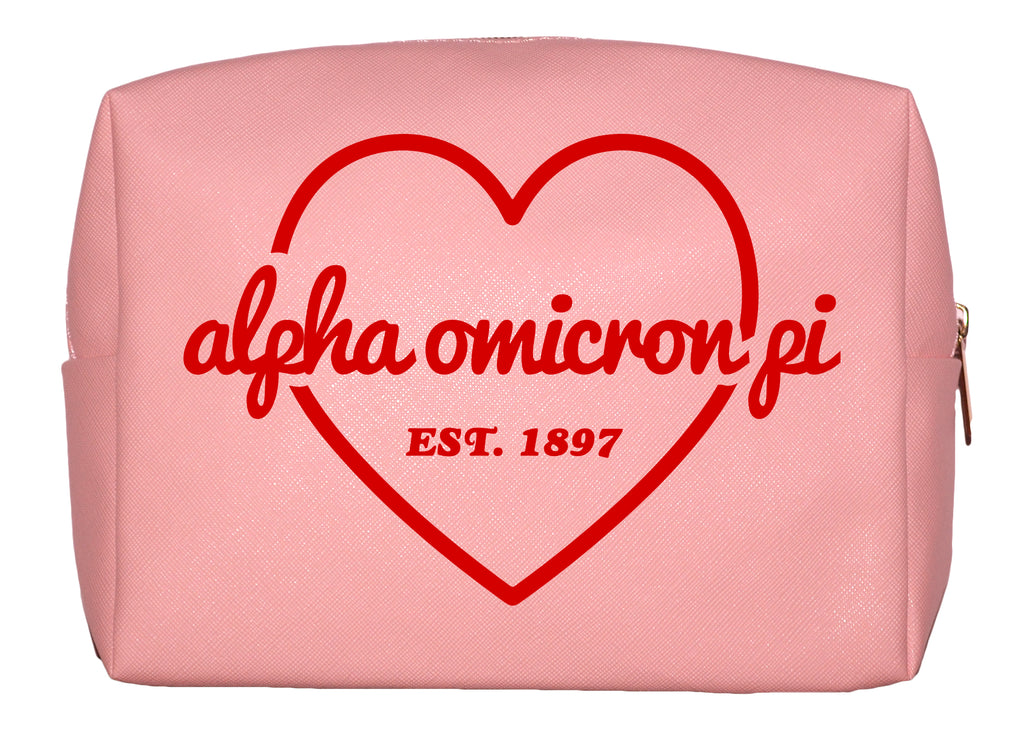 Alpha Omicron Pi Pink w/Red Heart Makeup Bag