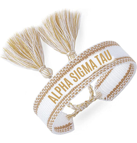 Alpha Sigma Tau Woven Bracelet, White and Gold Design
