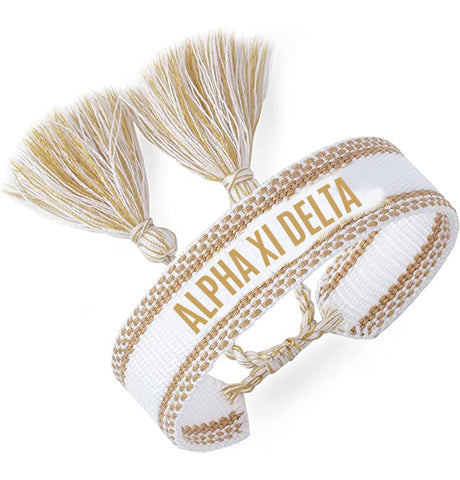 Alpha Xi Delta Woven Bracelet, White and Gold Design