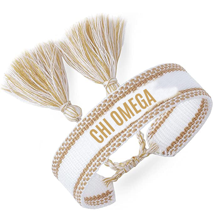 Chi Omega Woven Bracelet, White and Gold Design