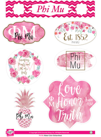 Phi Mu Water Color stickers