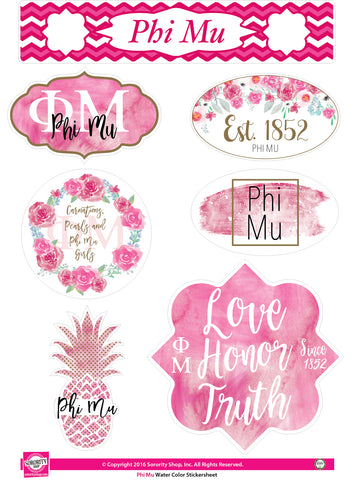 Phi Mu Water Color stickers