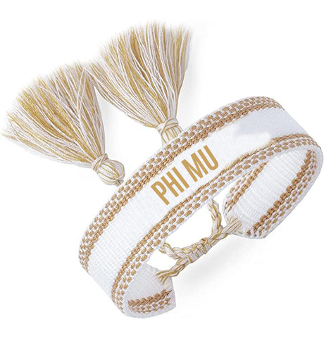 Phi Mu Woven Bracelet, White and Gold Design