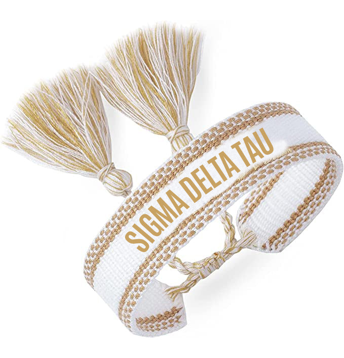 Sigma Delta Tau Woven Bracelet, White and Gold Design