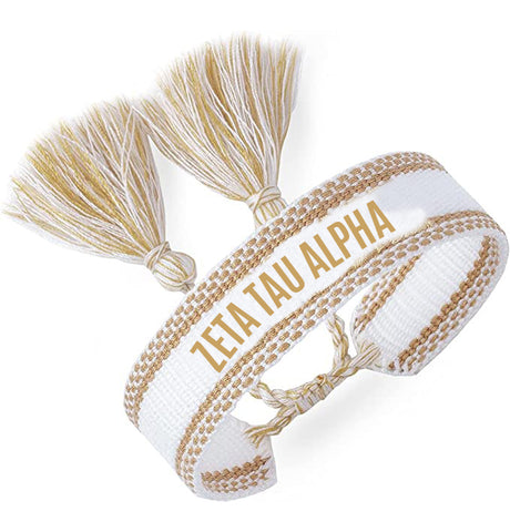 Zeta Tau Alpha Woven Bracelet, White and Gold Design