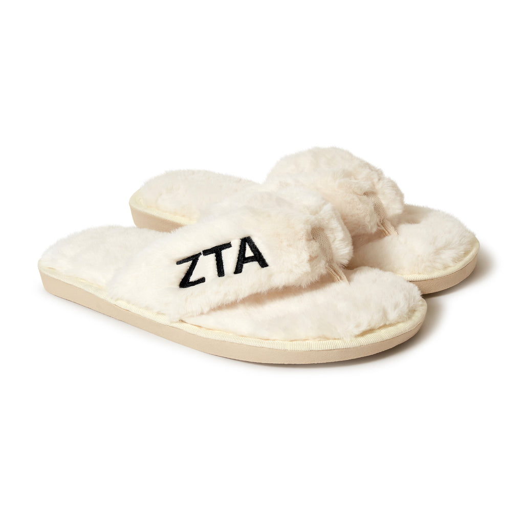 Zeta Tau Alpha - Furry Slippers Women - With ZTA Embroidery Logo